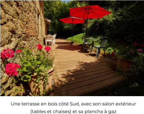 Une terrasse en bois ct Sud, avec son salon extrieur   (tables et chaises) et sa plancha  gaz